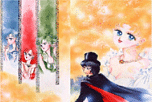Usagi, Makoto, Rei, Ami, and Tuxedo Kamen