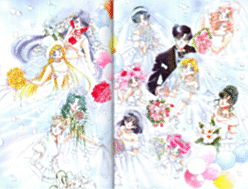 The Senshi, including ChibiChibi, in wedding dresses